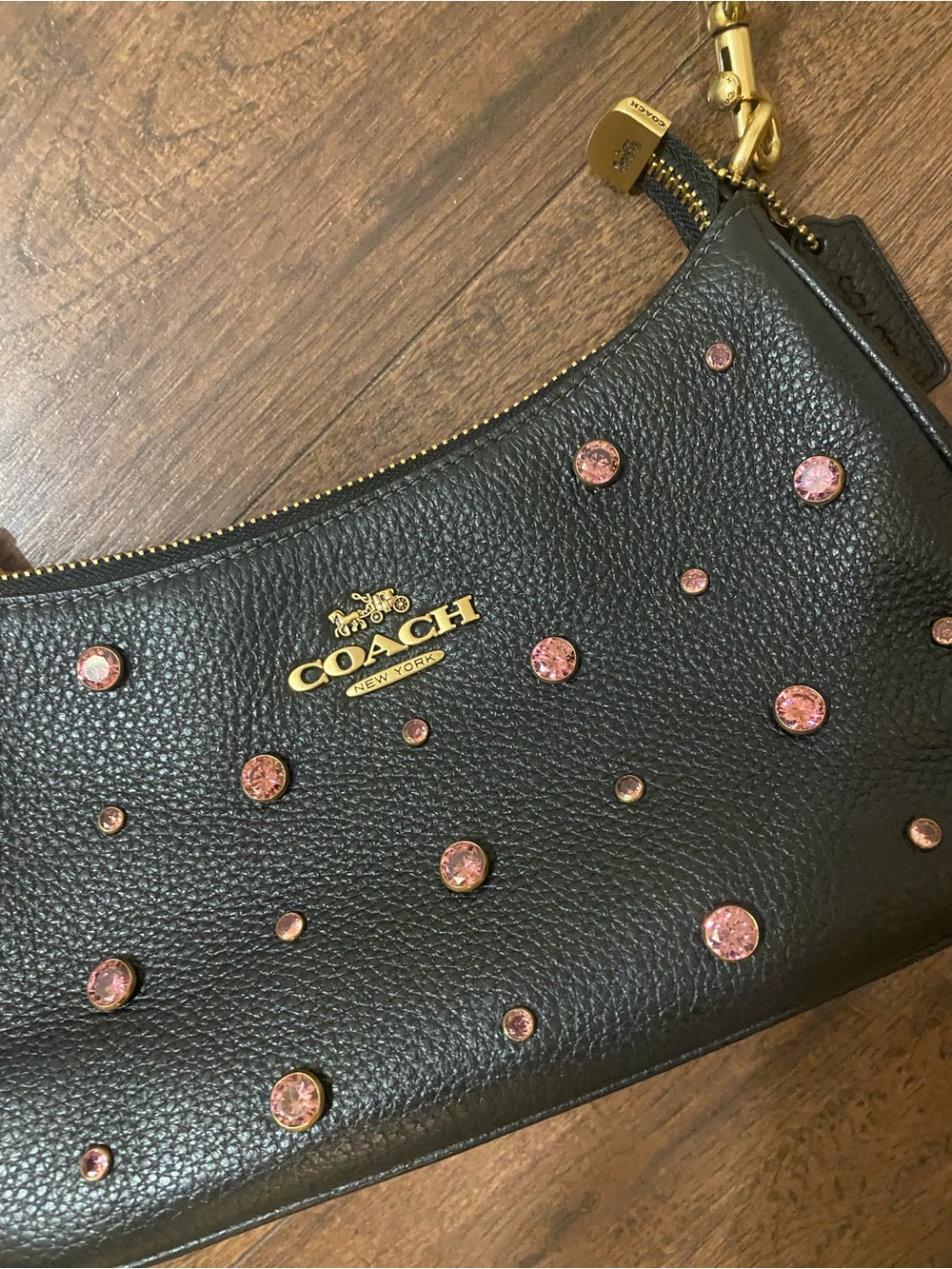 COACH Black Pebbled Leather Shoulder Bag with Pink Crystal Studs - Picture 2 of 2